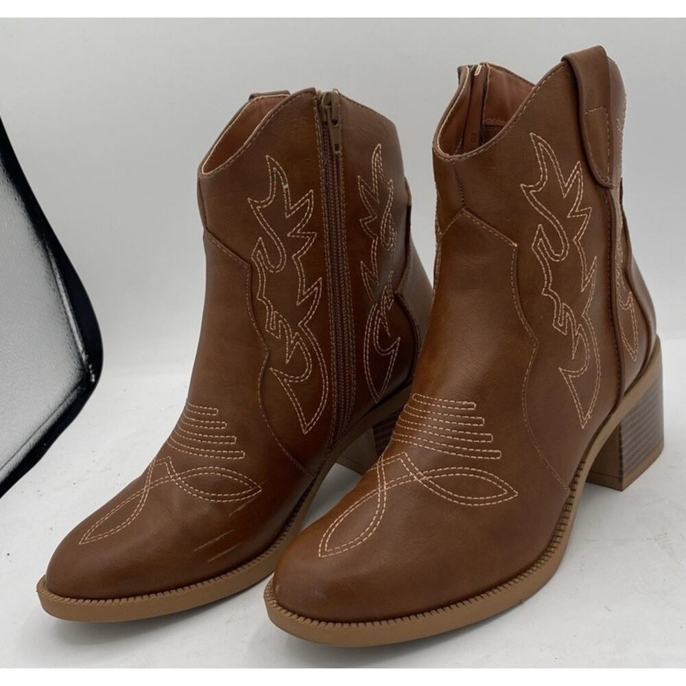 Pizz Annu Womens Leather Embroidered Zip Up Ankle Boots Brown Size 9